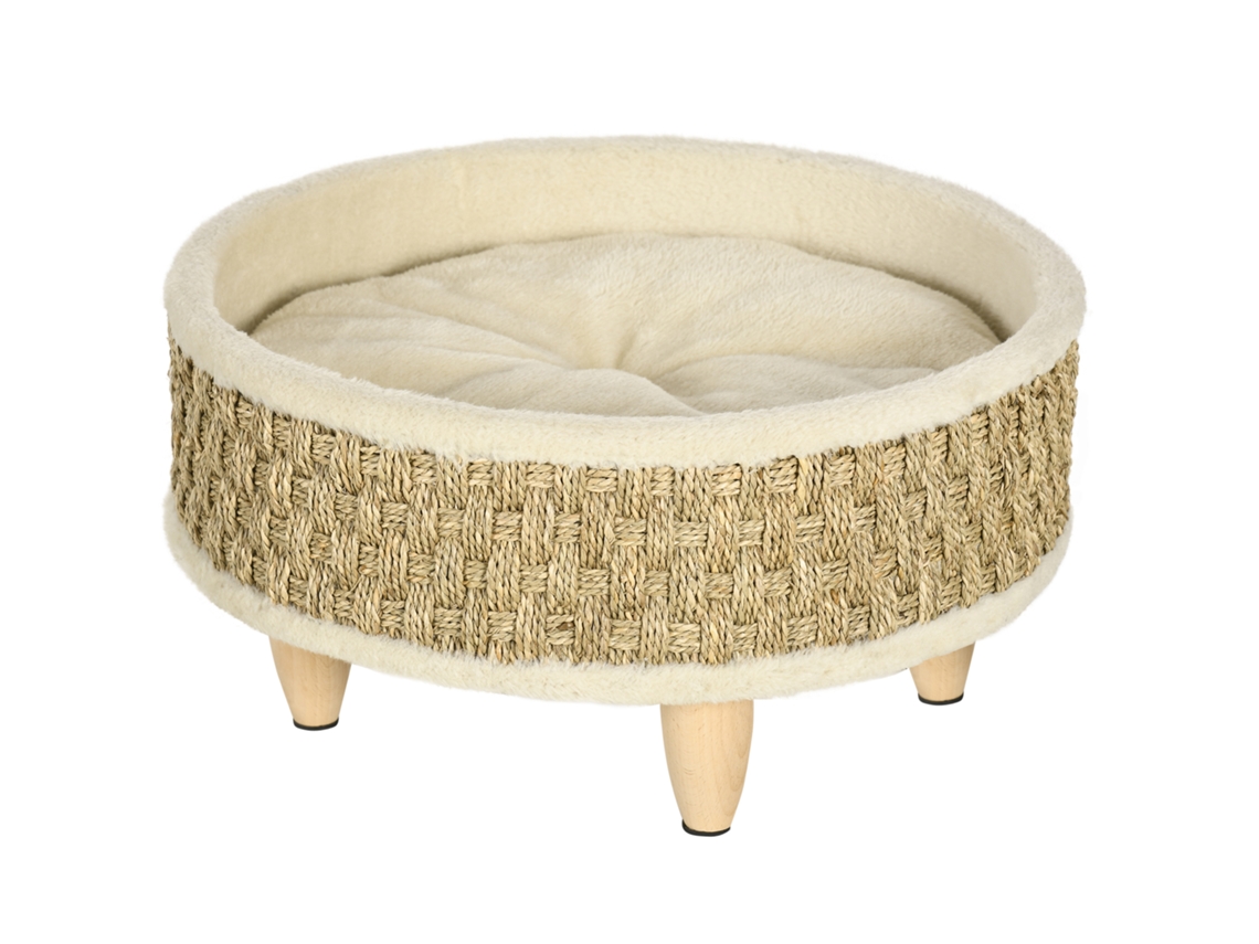 Cama Elevada Com Almofada Lavável E Corda De Seagrass, Estrutura De Madeira, Diâmetro 48x24,5 Cm, Bege