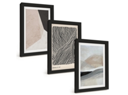 Conjunto De Pinturaspadrões Abstratos Em Bege E Cinza Moldura Preta Quadros Para A Sala De Estar Espelharte (3 Peças 20x30 Cm)