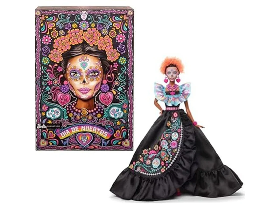 Día De Muertos 2024 Boneca Colecionável Barbie Exclusiva Em Vestido Preto Com Top Azul Com Babados, Estampa Bordada E Barbie