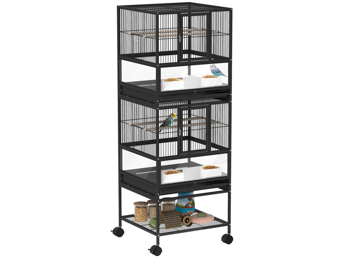 Gaiola para pássaros de 2 níveis, com rodas, painéis acrílicos, comedouros, prateleira, bandejas removíveis (48x46x134,5cm) preto | S/MARCA