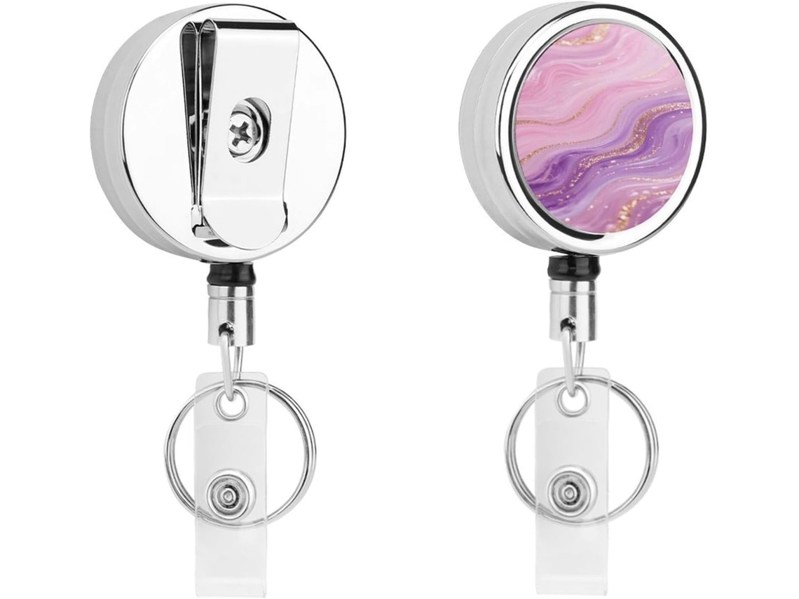 Porta Crachá Retrátil Moderno Com Estampa De Mármore Rosa E Roxo, Clipe Resistente E Prático Identificação E Nome