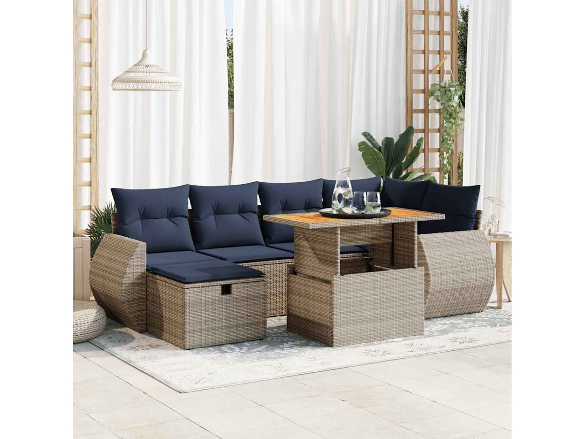 Vidaxl 7 Pcs Conj. Sofás Jardim C/ Almofadões Vime Pe/acácia Castanho