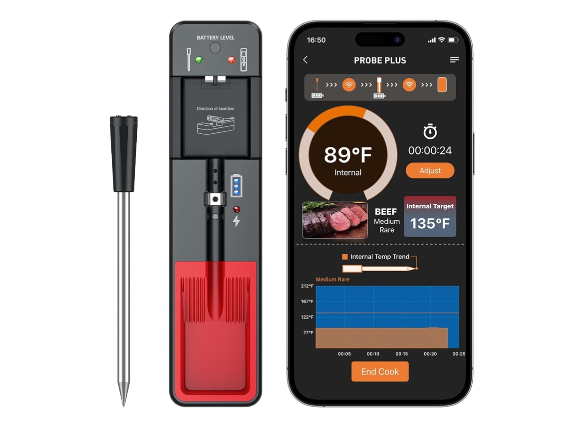 Termômetro De Carne Sem Fio, Digital Para Alimentos, Ideal Cozinhar E Grelhar, Com Alcance 110 Metros Via Bluetooth. Aquaforge (360 Pés)