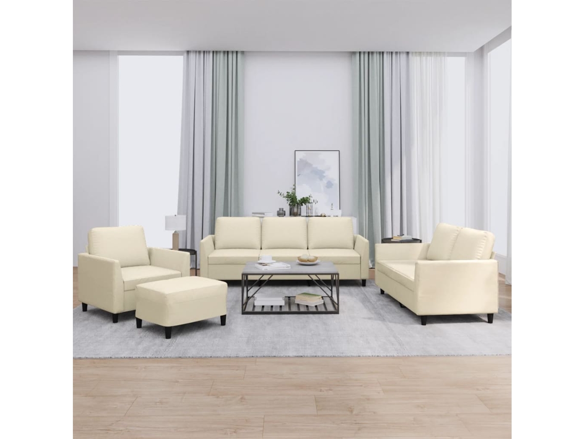 Vidaxl 4 Pcs Conjunto Sofás C/ Almofadões Couro Artificial Cor Creme