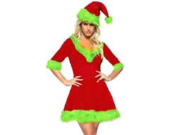 Vestido De Papai Noel Feminino De Natal, De Pelúcia, Patchwork, Manga Curta, Decote Em V, Fantasia Clássica De Monstro Verde. Olysi Shop