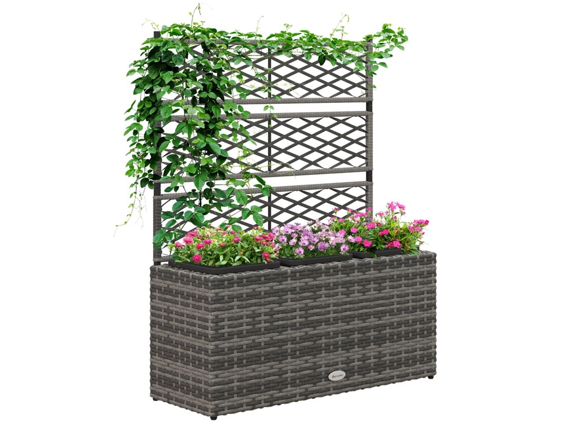 Vaso com Grade para Vinhas e 3 Vasos de Aço e Grene de Madeira 84x30x107cm Cinza S/MARCA