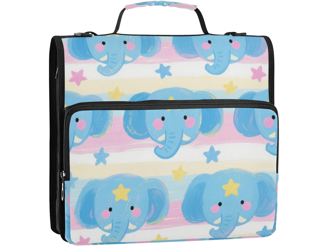 Organizador de Carteira com 3 Argolas e Alça Design Elefante Azul Ideal para Escola/escritório