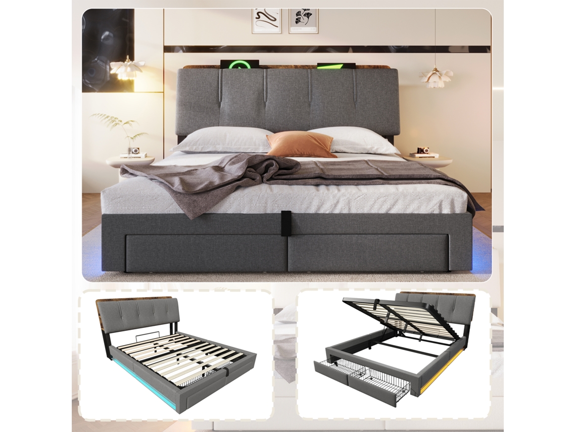 Cama Estofada 140x200 Cm, Elevação Hidráulica, Usb-c, Sem Colchão, Baú Multifuncional, Luz Led, Controle Por Botão Ou App, Linho Cinza.