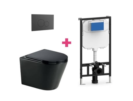 Conjunto de vaso sanitário suspenso em cerâmica preta fosca Turin com cisterna redonda preta e botão de descarga Aquore