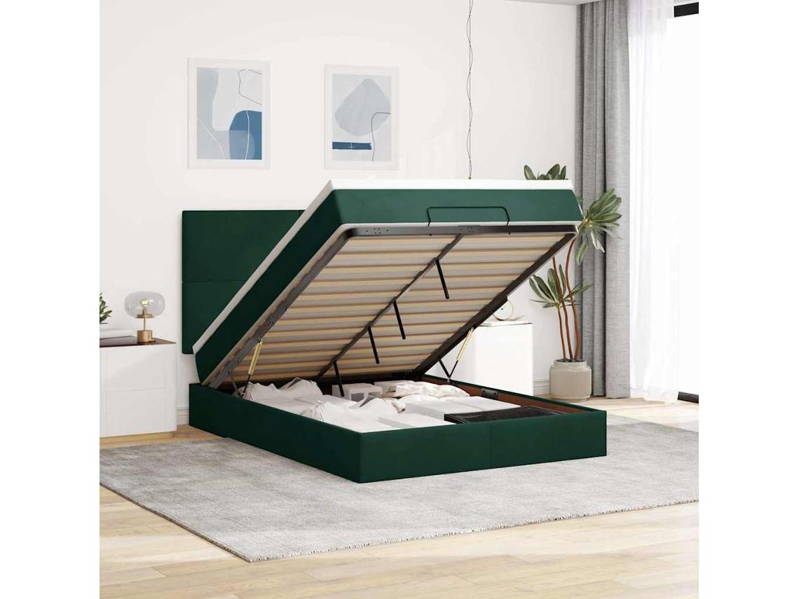 Vidaxl Estrutura Cama Otomana Colchões 140x190 Cm Veludo Verde Escuro