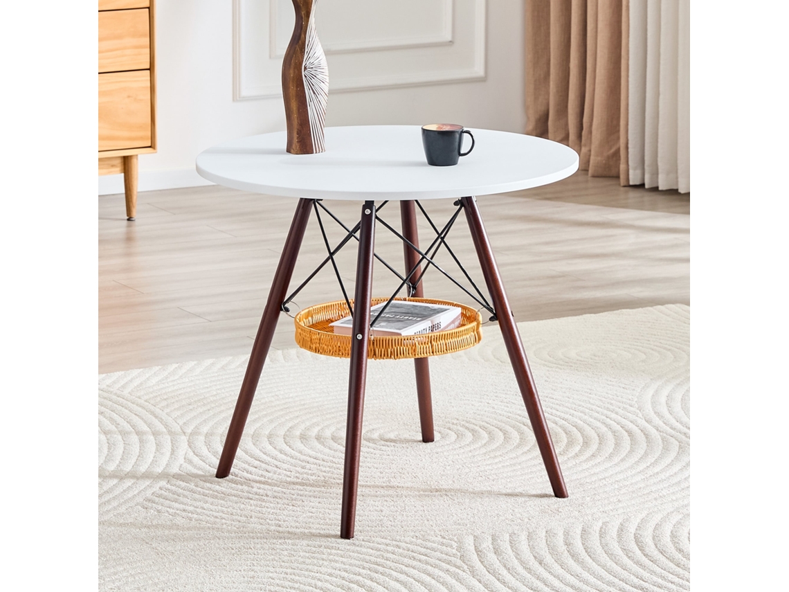 Mesa Redonda 80cm Mdf Branco Pés Nogueira
