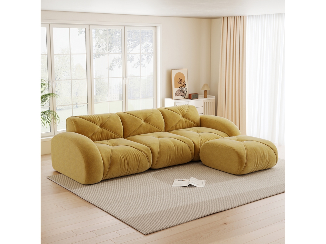 Sofá Modular Comprimido 3 Lugares Em Chenille, 281 Cm, Amarelo, Para Sala De Estar - Com Led