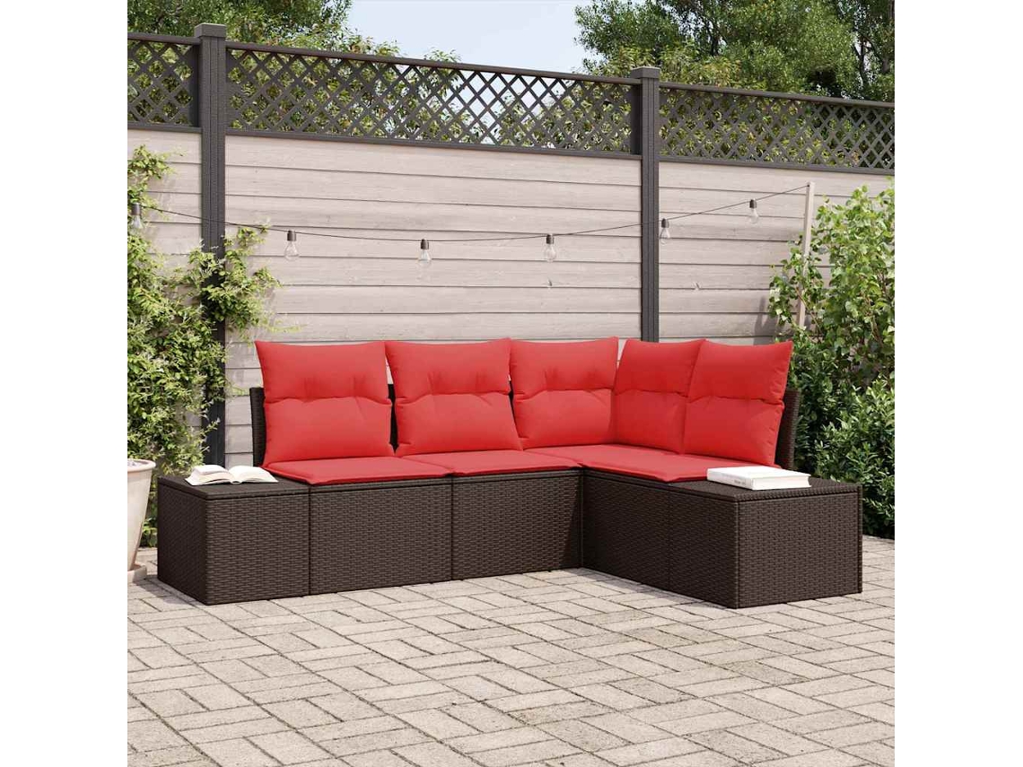 Vidaxl Conjunto De Sofá De Jardim 4 Unid. Marrom E Vermelho Vime Pe