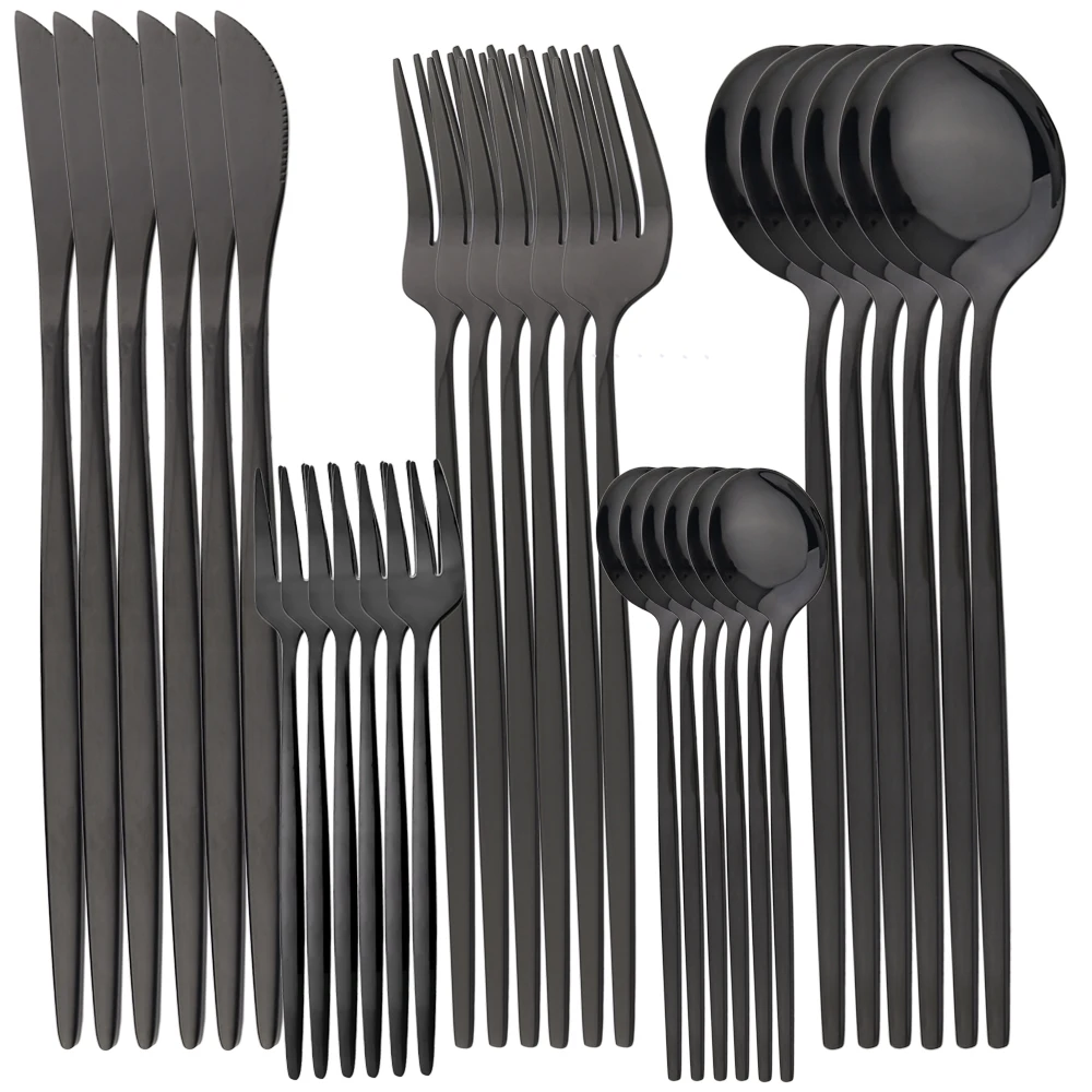 Conjunto de Talheres de Aço Inoxidável com Espelho, 30 Peças , Estilo Ocidental, Talheres. MDUG (preto)