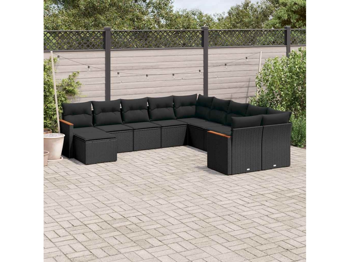 Vidaxl 11 Pcs Conjunto Sofás De Jardim C/ Almofadões Vime Pe Preto