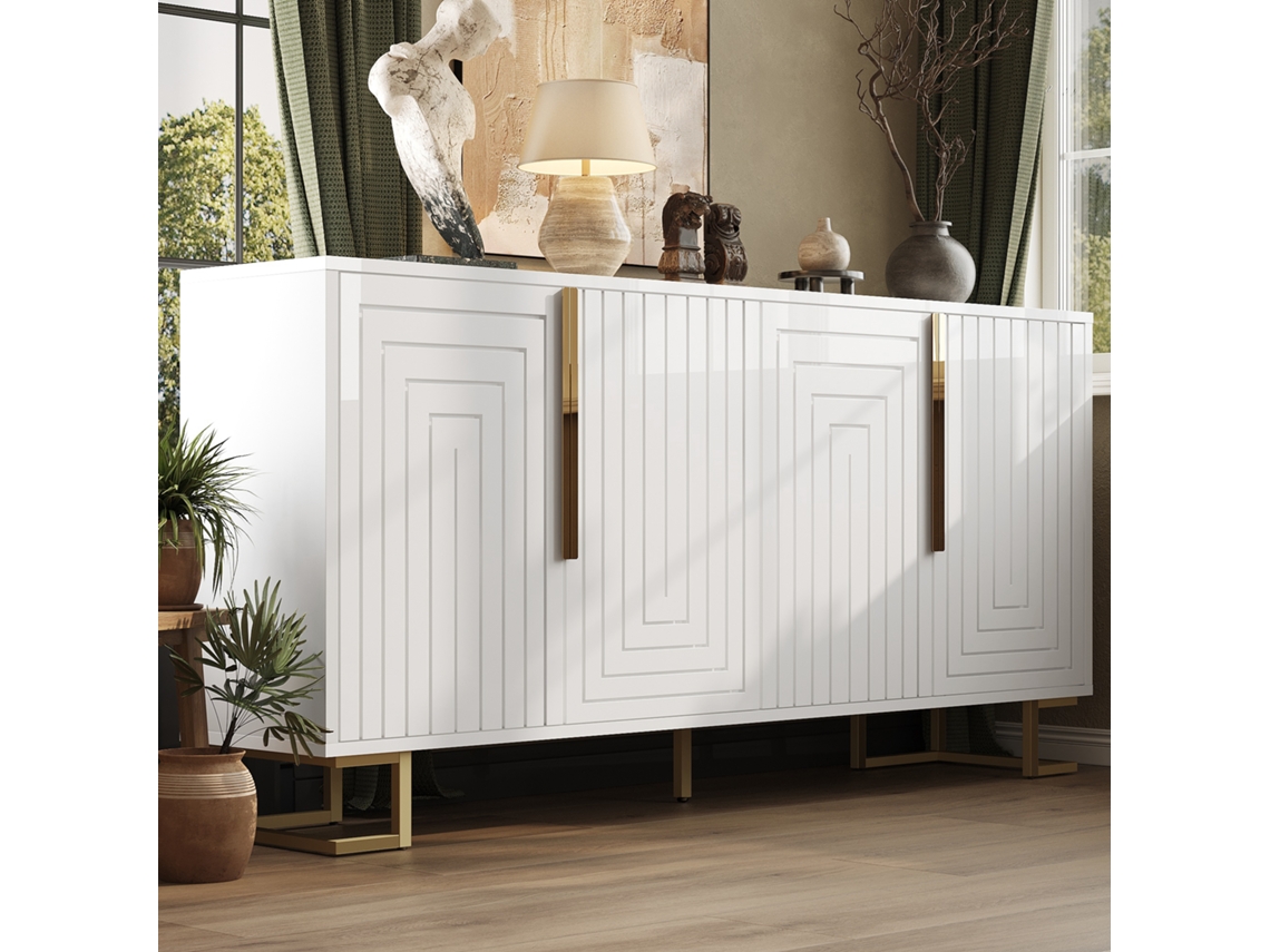 O Aparador Branco (152 X 40 X 75 Cm) Apresenta Um Design Geométrico Único E Alças E Pés Dourados Para Uma Sensação Elegante Ge