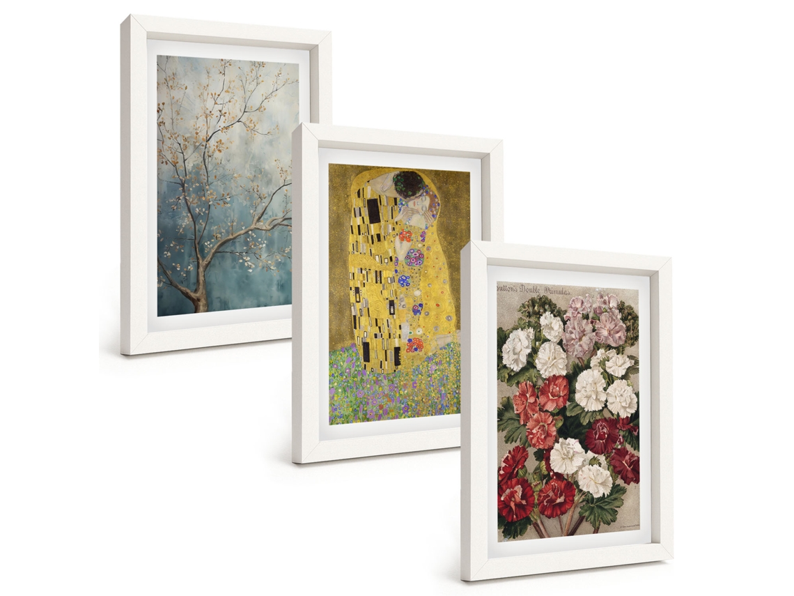 Composição De Quadros Na Parede Flores, Árvores, Pintura, Klimt Moldura Branca Imagens Para Um Quarto Infantil Espelharte (3 Peças 20x30 Cm)