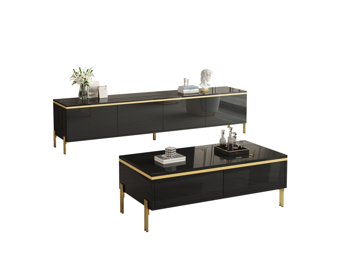 Conjunto Móvel Tv Mesa Centro Luxo Alto Brilho Dourado Sala Estar