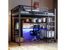 Cama Mezzanine, 140x200cm, Cama De Metal, Com Luzes De Led, Escrivaninha, 1 Gaveta, Prateleiras, Corrimãos, Escadas, Sem Colchão, Preta-op