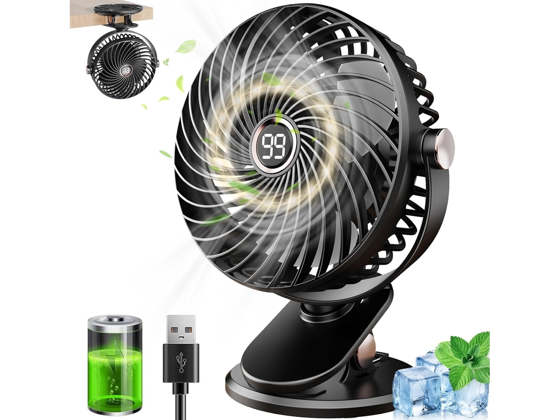 Mini ventilador de mesa USB com clipe - Silencioso - Bateria de 6000 mAh - 5 velocidades - Rotação de 720° - Ideal para casa e escritório