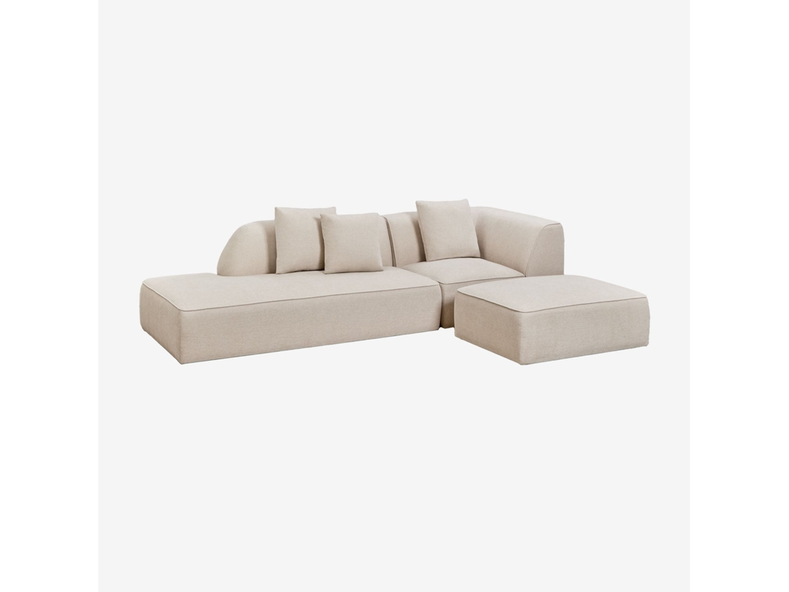 Sklum Sofá Modular De Canto Em 2 Peças Com Chaise Longue À Esquerda E Puff Estofado Cardea Poliéster                       Chenille Beige Creme