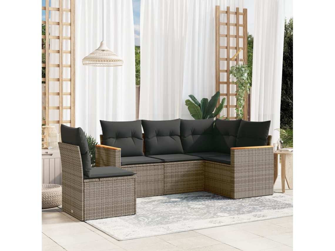 Vidaxl 5 Pcs Conjunto Sofás De Jardim C/ Almofadões Vime Pe Cinzento