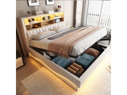 Cama Casal Bege 180x200cm Estofada com Hidráulica, Led, Usb, Ripas Metal, Linho GE
