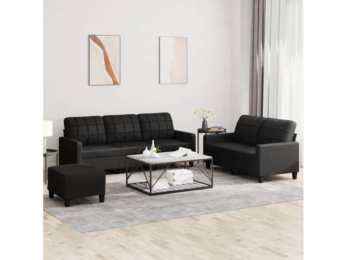 Vidaxl 3 Pcs Conjunto De Sofás Com Almofadões Couro Artificial Preto