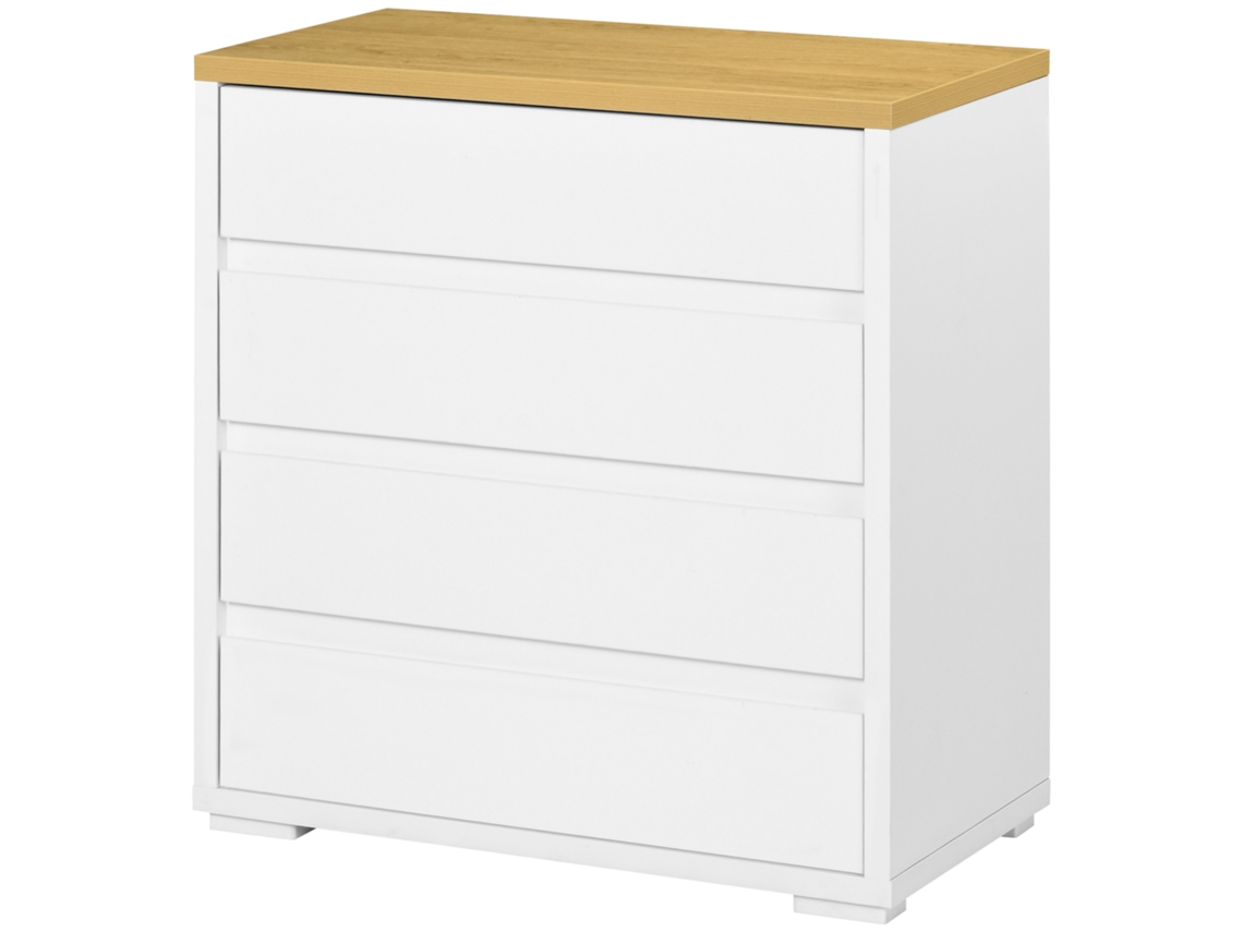 Cômoda Moderna Com 4 Gavetas Quarto E Sala 70x37x75 Cm, Branco E Natural