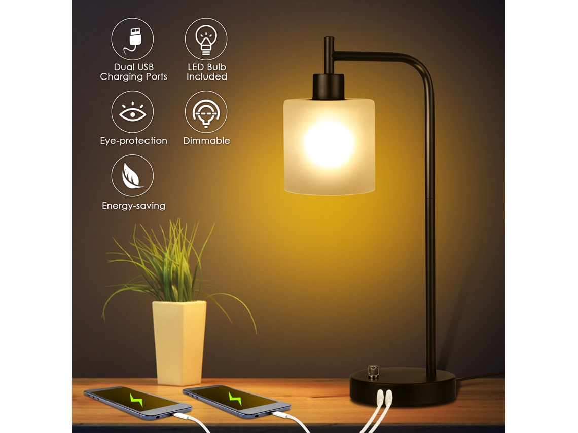 2026 lâmpada de Mesa Industrial com Abaixamento de Vidro 2 Portas Usb Regulável Vintage para Quarto (lâmpada Incluída)