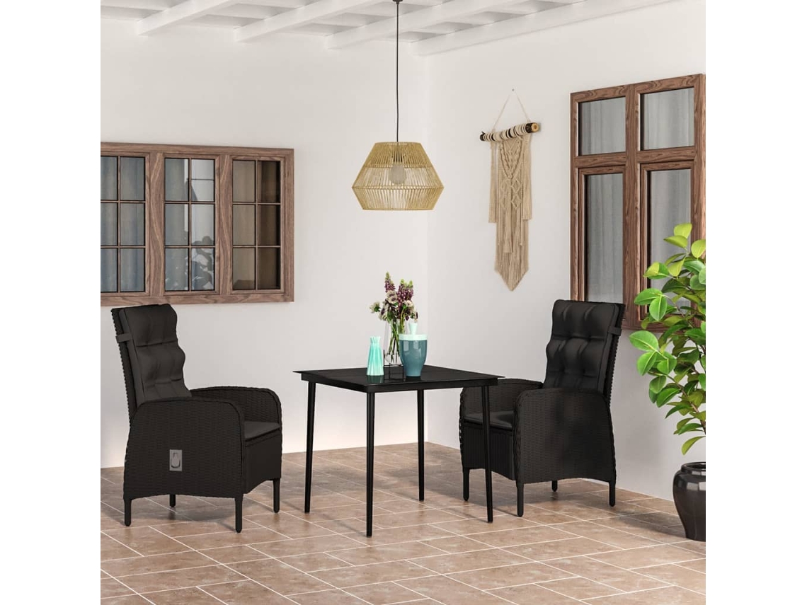 Vidaxl 3 Pcs Conjunto De Jantar Para Jardim Com Almofadões Preto