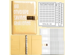 100-envelope Challenge Binder With Combination Lock 8 5-holographic Yellow Savings Journal, Includes 1-notebook, 25 4-grid