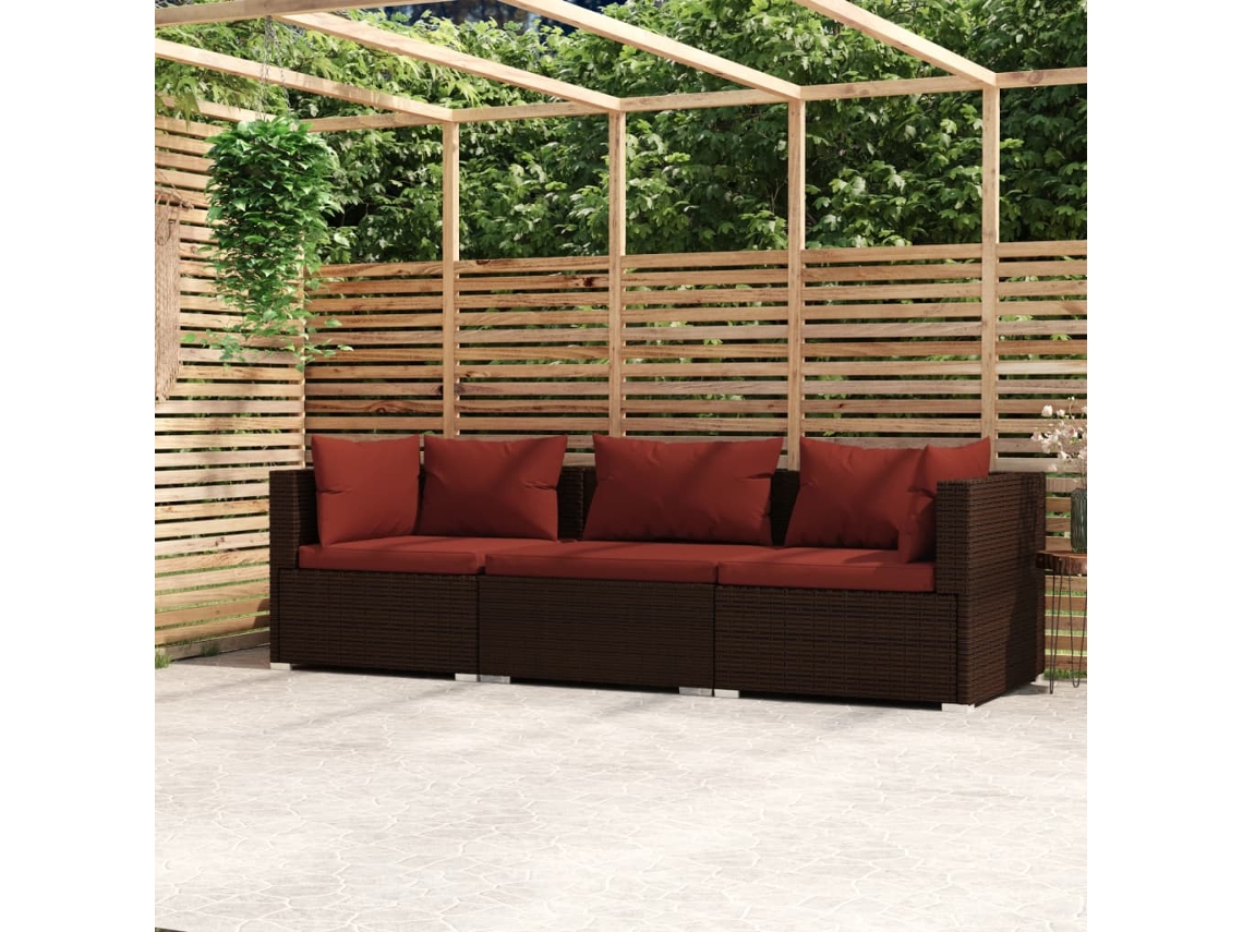 Vidaxl Sofá De Jardim 3 Lugares Com Almofadões Vime Pe Castanho