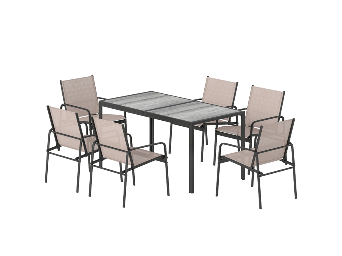 Conjunto De Mesa E Cadeiras De Jardim De 7 Peças Com Com Efeito Madeira E 6 Com Assento Respirável Caqui