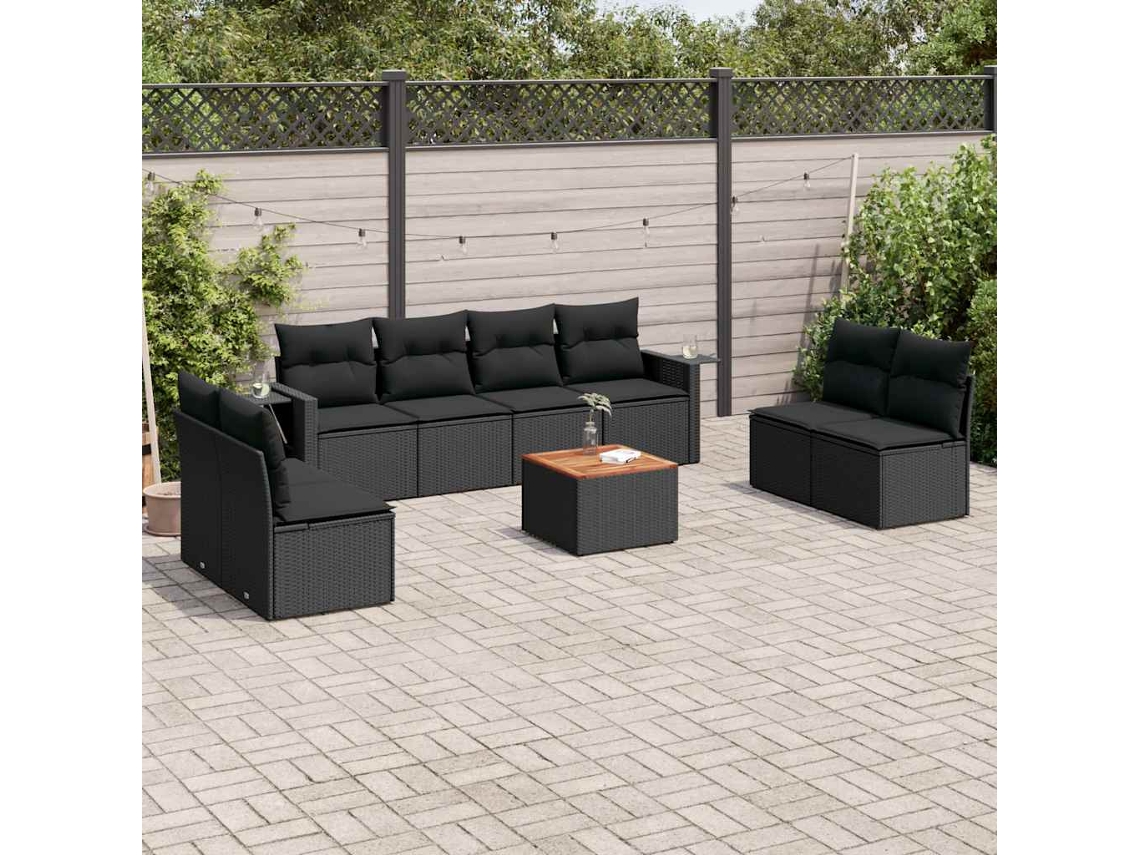 Vidaxl 9 Pcs Conjunto De Sofás P/ Jardim C/ Almofadões Vime Pe Preto