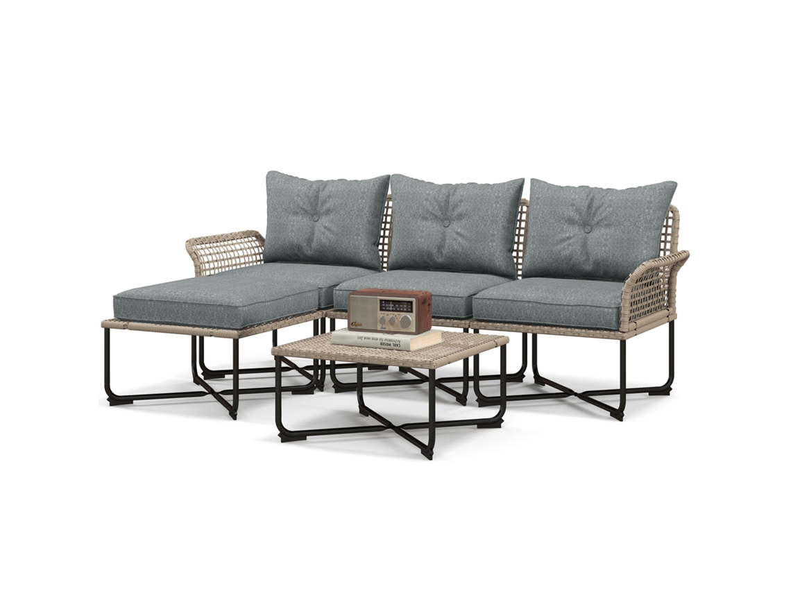 Conjunto de Jardim Rattan Sintético com sofá 4 módulos, mesa centro, almofadas cinza | S/MARCA