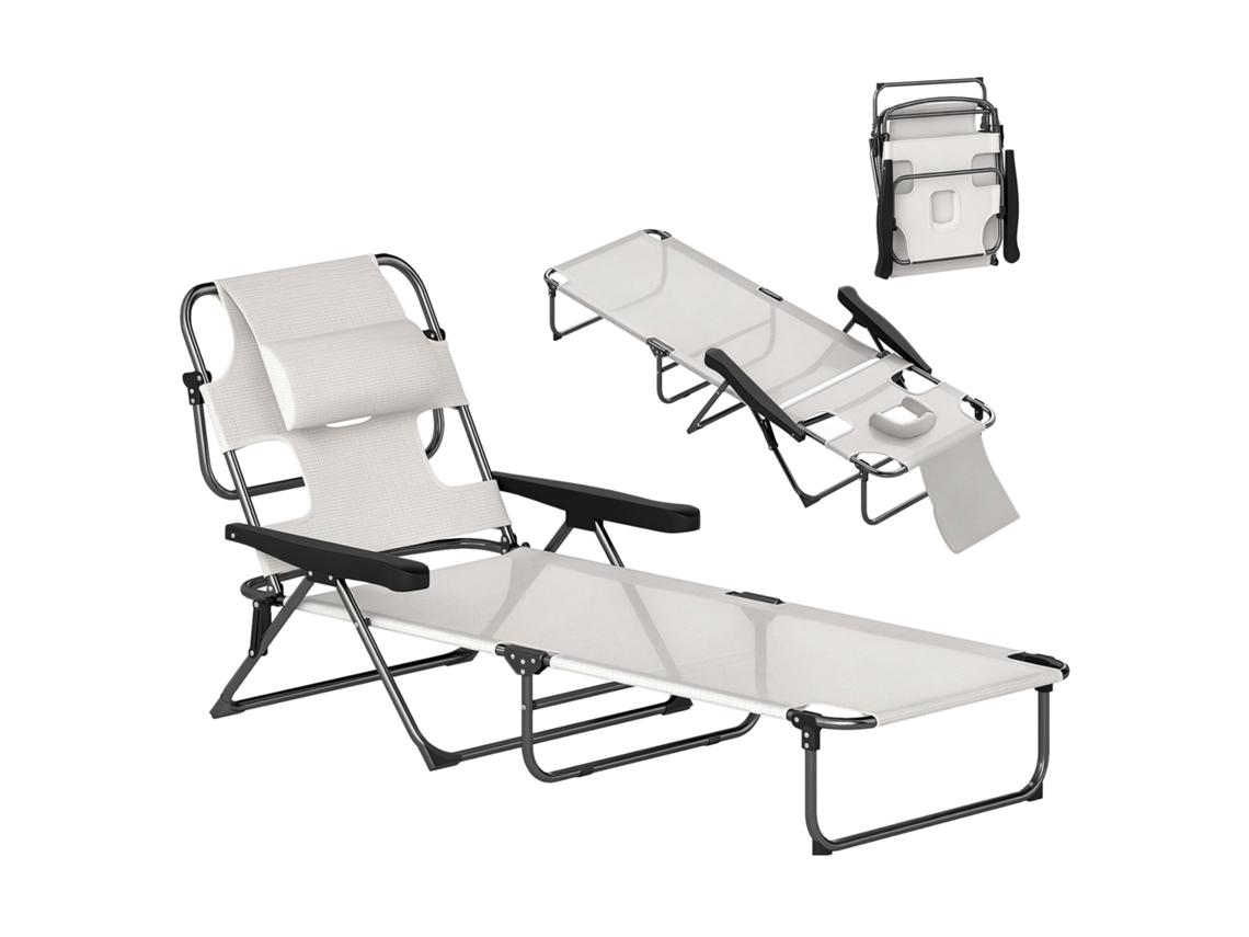 Cadeira de jardim dobrável com encosto ajustável em 4 níveis, com orifício para leitura e apoio de cabeça 72x194x89cm cor creme BTFORUS