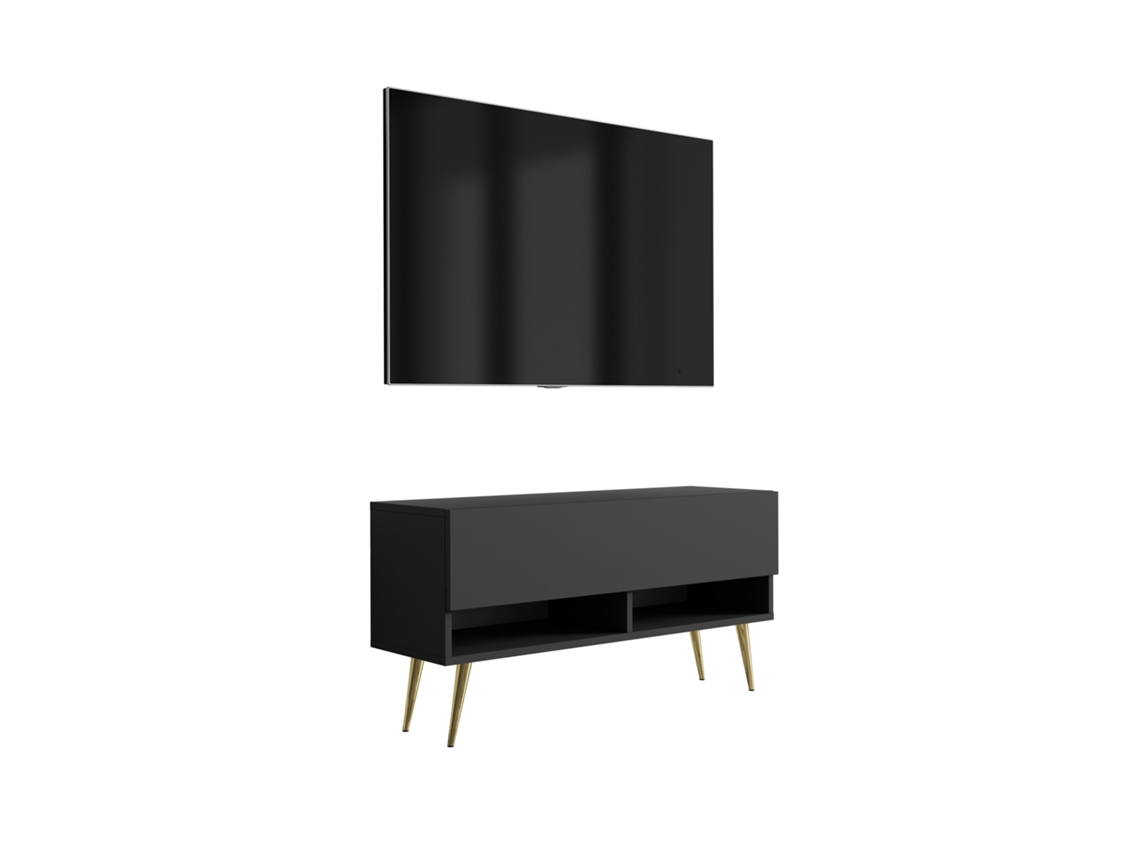 Suporte De Tv 100 Cm Preto Fosco, Pernas Douradas Abertas, 100 × 32 × 52 Cm 3E 3XE LIVING.COM