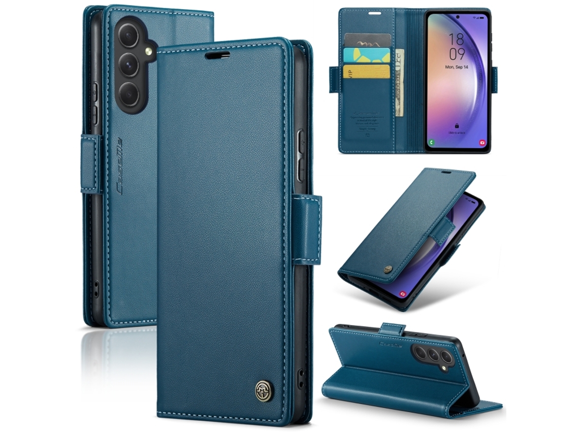 Capa Para Samsung Galaxy A54 5g Borboleta Fivela Litchi Textura De Telefone De Couro Rfid Antirroubo Azul