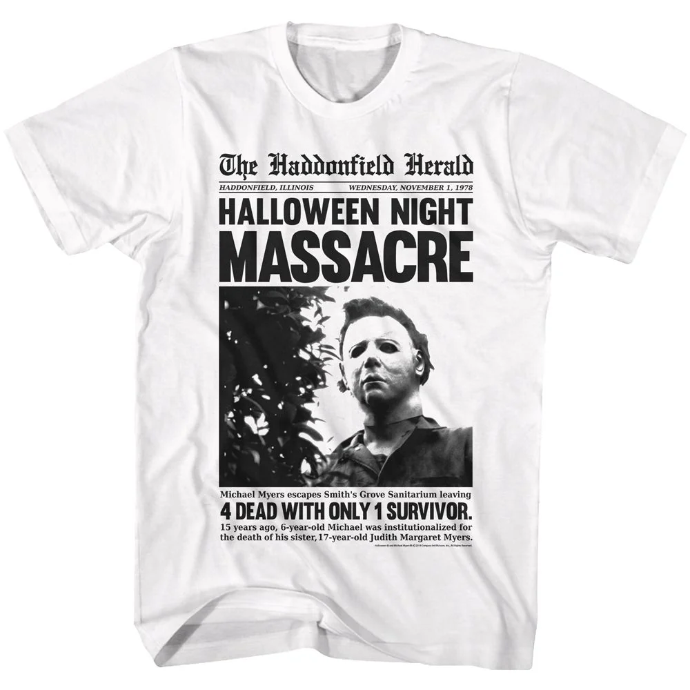 Unisex Adult T-shirt Rockinstone Halloween Haddonfield Herald White Sizexxxl