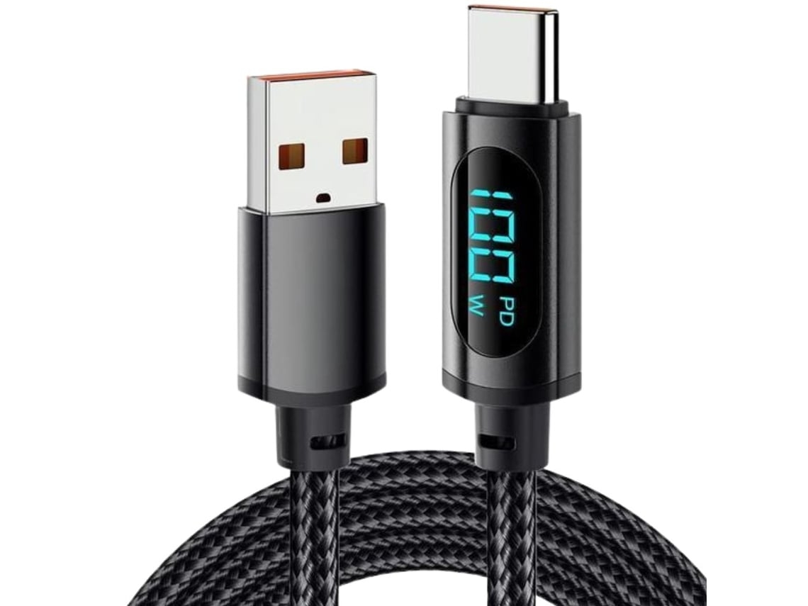 Cabo Trançado Usb a para C 66W / 100W 6A Pd Ecrã Led 100Cm Preto