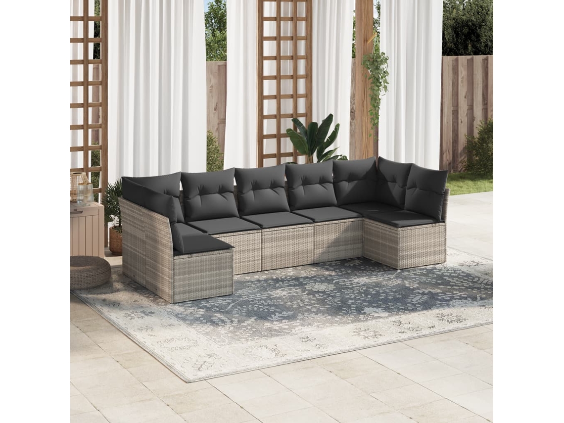 Vidaxl 7 Pcs Conj. Sofás Jardim Com Almofadões Vime Pe Cinzento-claro