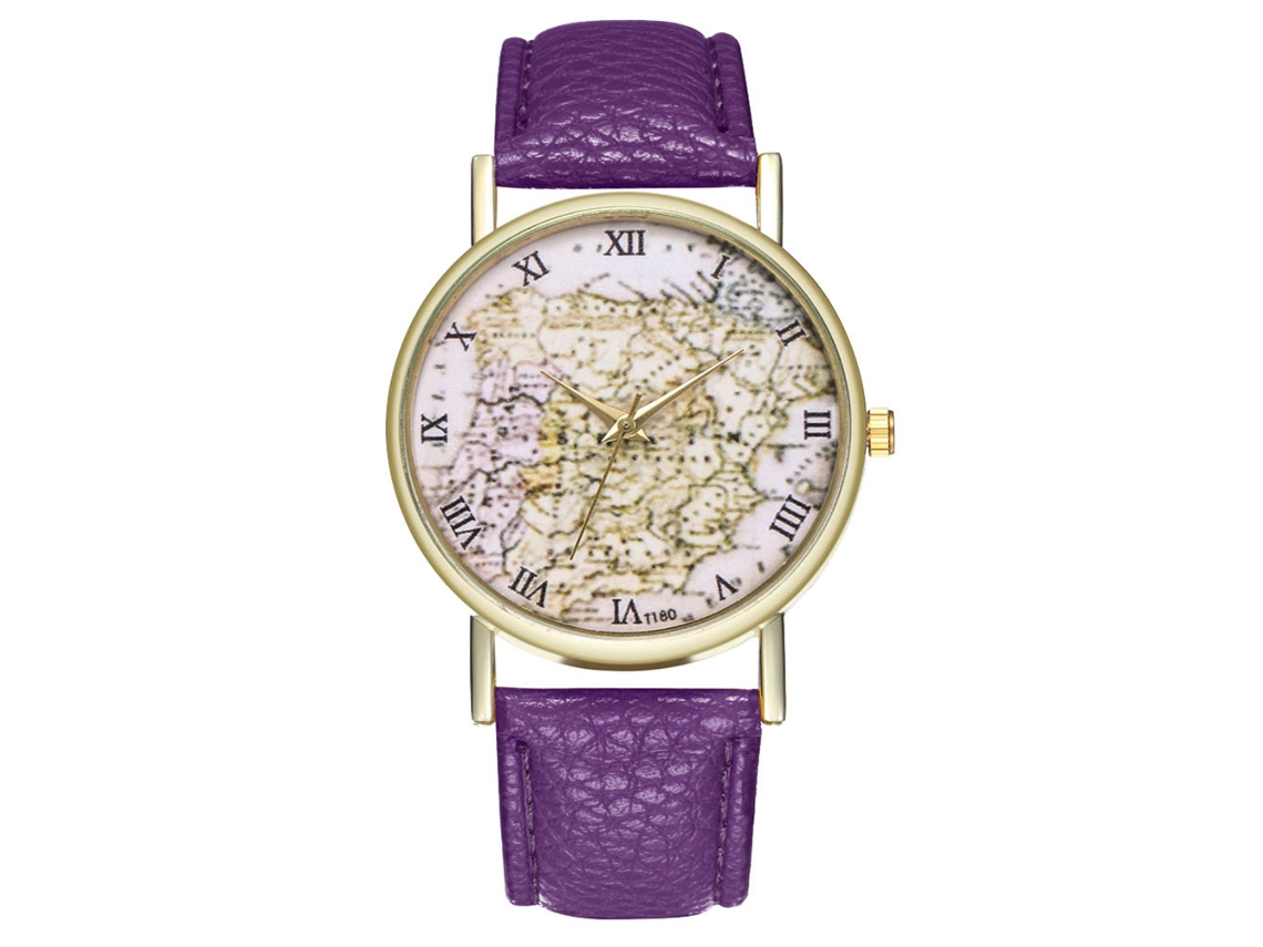 Relógio de Pulso Zhoulianfa Unisex de Couro Pu Padrão Mapa Quartz Roxo