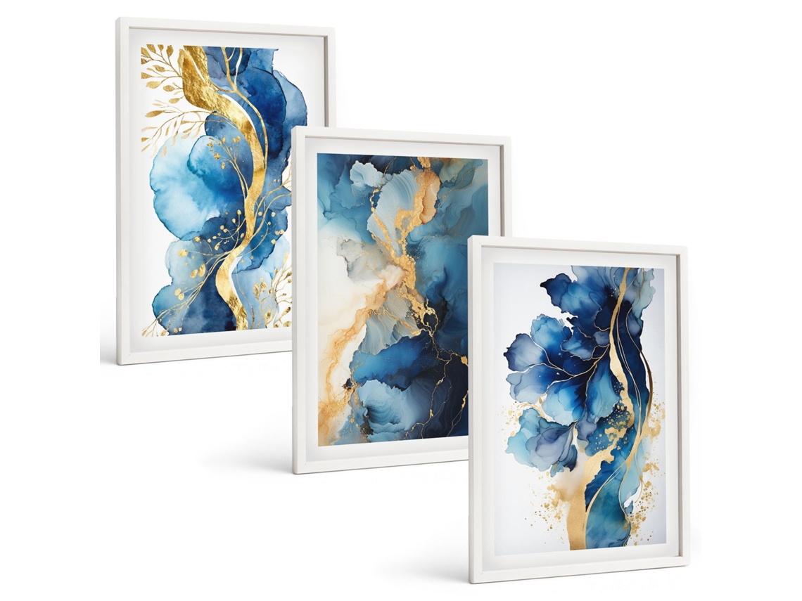 Pinturas Murais Modernas Padrões Abstratos Azuis Moldura Branca Pinturas De Quarto Espelharte (3 Piezas De 40x60 Cm)