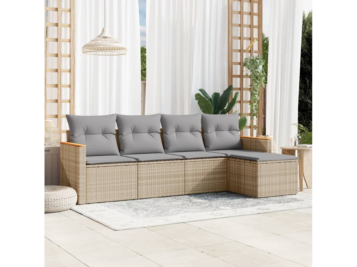 Jogo 5 Peças Sofás Jardim C/ Almofadões Vime Pe Bege Misturado Dkd Home Decor