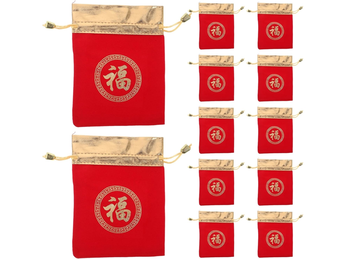 Conjunto 12 Sacolas Veludo Vermelho Cordão Caracteres Chineses 12x16 Reutilizáveis Presentes Joias Doces GOKOCO
