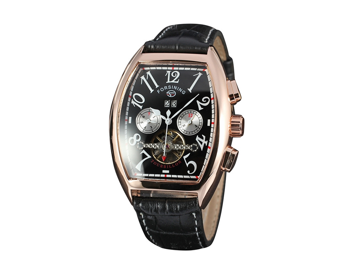 Relógio masculino automático Forsining com calendário analógico, preto e ouro rosa.