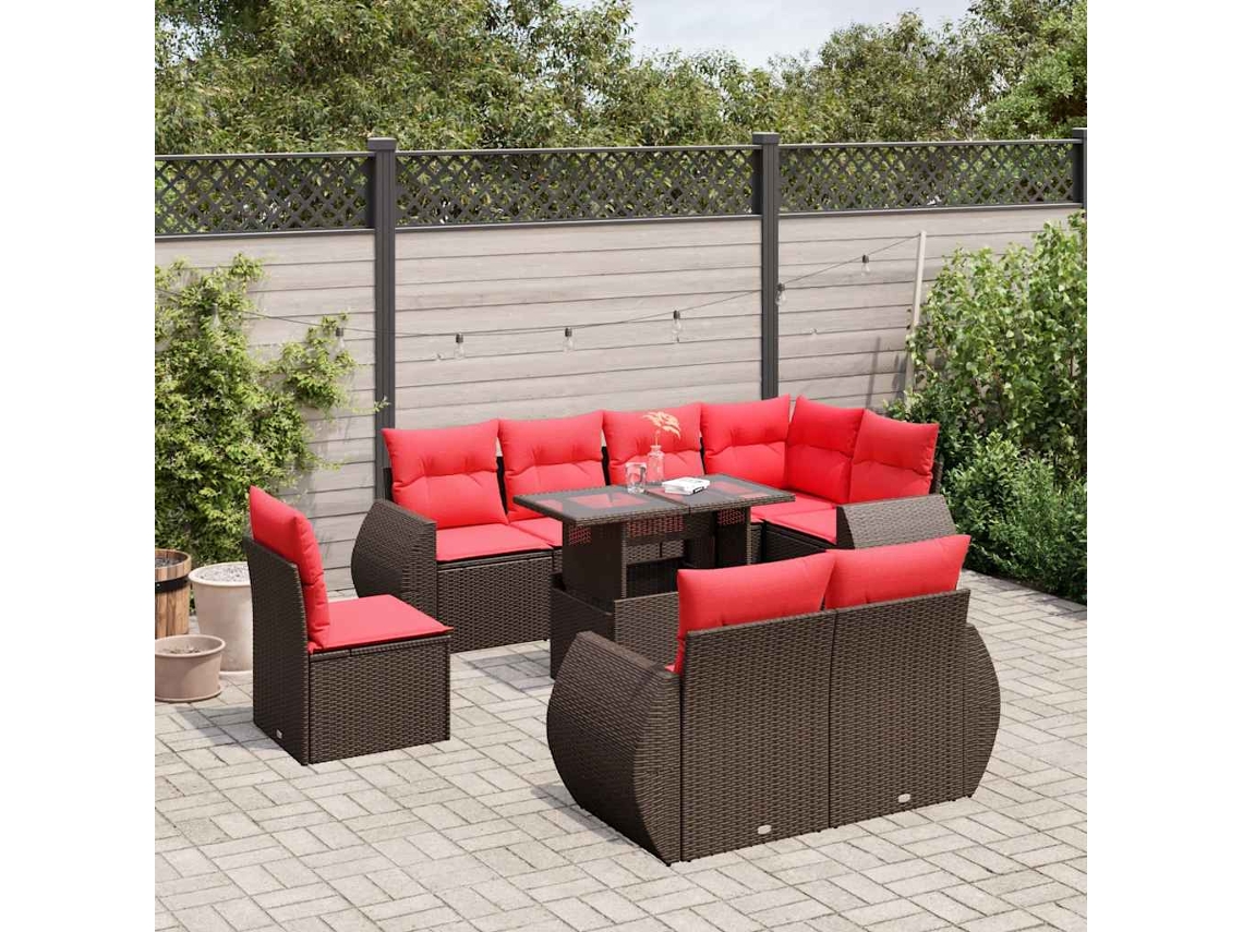 Vidaxl Conjunto De Sofá De Jardim Com 9 Peças E Almofadas Em Rattan Sintético Marrom