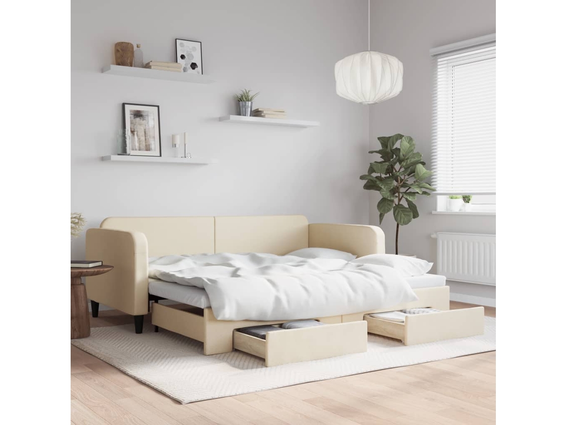 Vidaxl Sofá-cama Com Gavetão E Gavetas 90x200 Cm Tecido Cor Creme