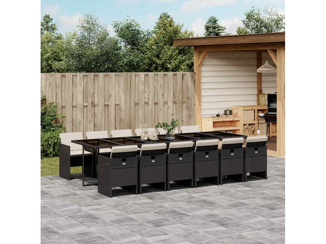 Vidaxl 13 Pcs Conjunto De Jantar P/jardim Com Almofadões Vime Pe Preto
